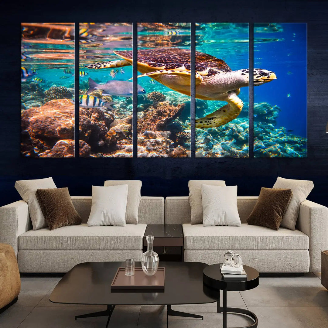 Sea Turtle Canvas Print, Vibrant Ocean Coral Reef Décor, ready to hang.