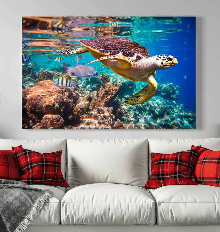 Sea Turtle Canvas Print, Vibrant Ocean Coral Reef Décor, ready to hang.