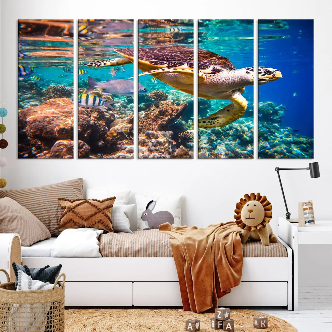 Sea Turtle Canvas Print, Vibrant Ocean Coral Reef Décor, ready to hang.