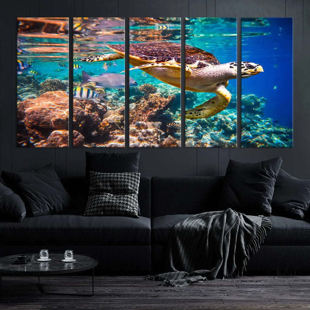 Sea Turtle Canvas Print, Vibrant Ocean Coral Reef Décor, ready to hang.