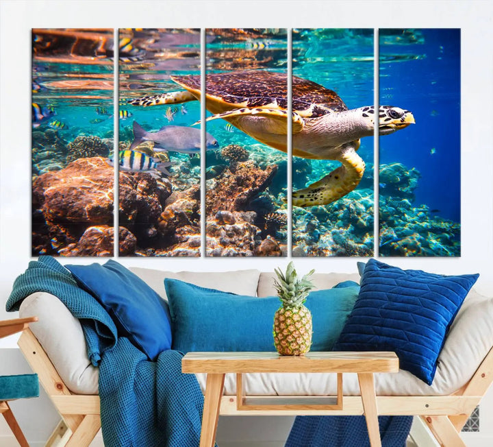 Sea Turtle Canvas Print, Vibrant Ocean Coral Reef Décor, ready to hang.