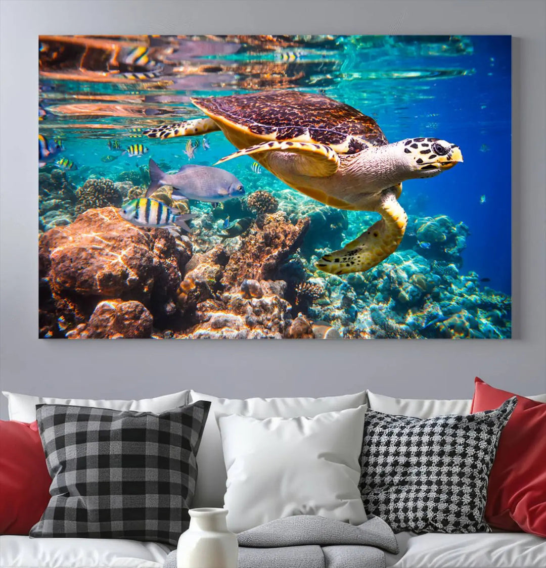 Sea Turtle Canvas Print, Vibrant Ocean Coral Reef Décor, ready to hang.