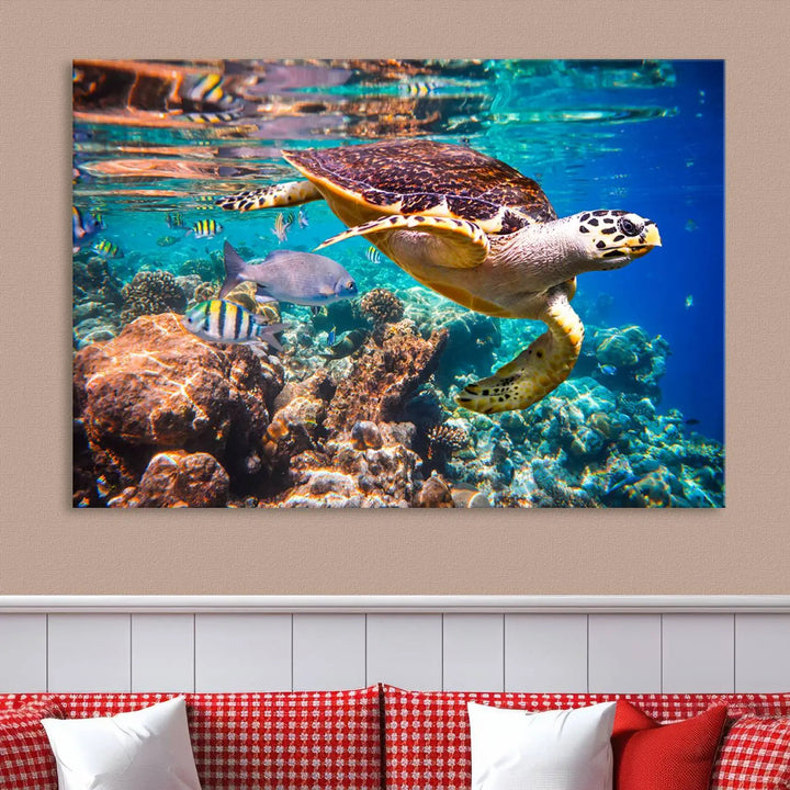 Sea Turtle Canvas Print, Vibrant Ocean Coral Reef Décor, ready to hang.