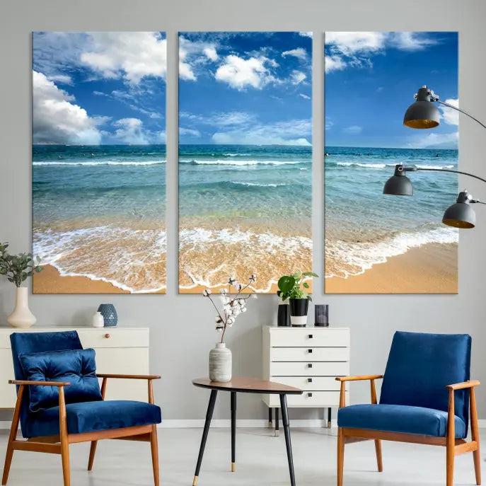 The "Sea View From the Beach Canvas Print" triptych adorns the wall. Each piece is printed on museum-quality canvas, ready to hang, and designed to preserve its vibrant colors with a UV-protective coating.