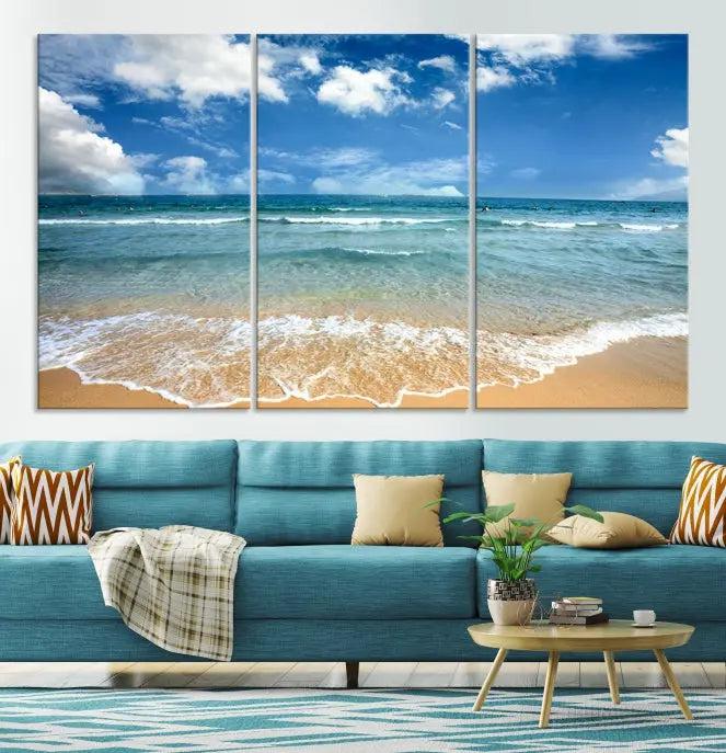 The "Sea View From the Beach Canvas Print" triptych adorns the wall. Each piece is printed on museum-quality canvas, ready to hang, and designed to preserve its vibrant colors with a UV-protective coating.