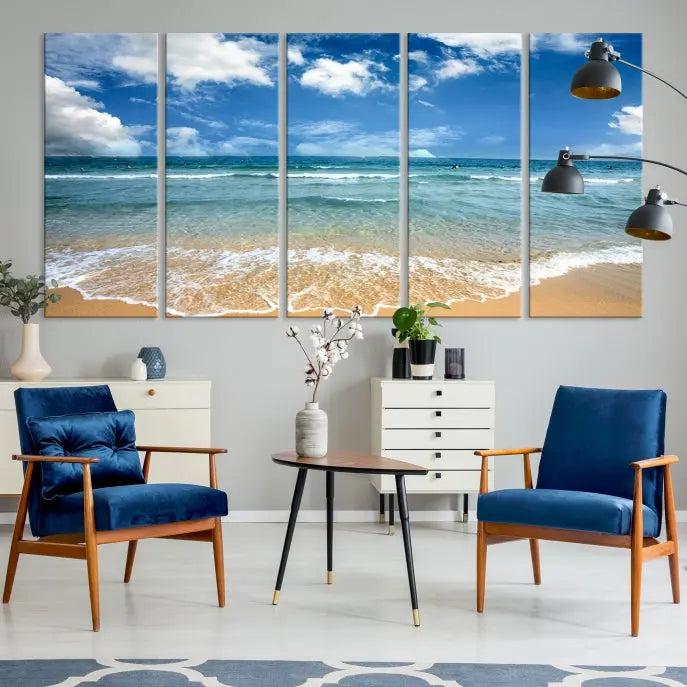 The "Sea View From the Beach Canvas Print" triptych adorns the wall. Each piece is printed on museum-quality canvas, ready to hang, and designed to preserve its vibrant colors with a UV-protective coating.