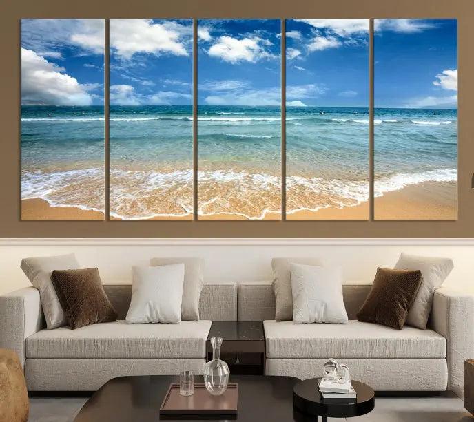 The "Sea View From the Beach Canvas Print" triptych adorns the wall. Each piece is printed on museum-quality canvas, ready to hang, and designed to preserve its vibrant colors with a UV-protective coating.