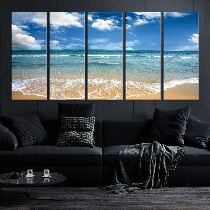 The "Sea View From the Beach Canvas Print" triptych adorns the wall. Each piece is printed on museum-quality canvas, ready to hang, and designed to preserve its vibrant colors with a UV-protective coating.