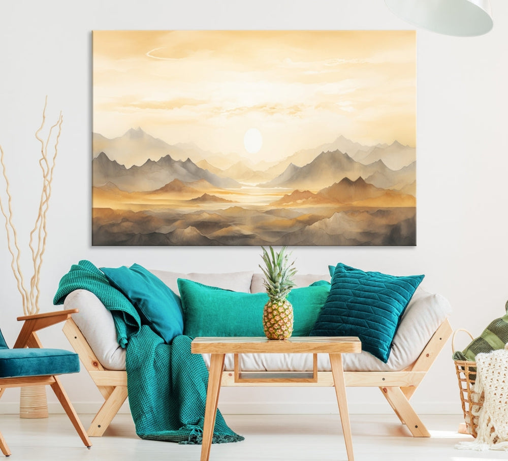 A triptych of Sepia Color Abstract Mountain Wall Art Canvas Print on museum-quality canvases with UV-protective coating is elegantly displayed against a dark wall. Take advantage of free shipping on this stunning piece.