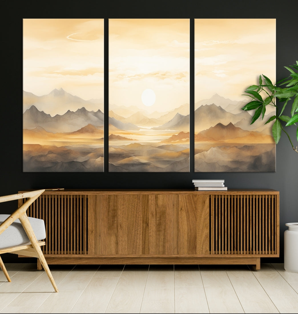 A triptych of Sepia Color Abstract Mountain Wall Art Canvas Print on museum-quality canvases with UV-protective coating is elegantly displayed against a dark wall. Take advantage of free shipping on this stunning piece.