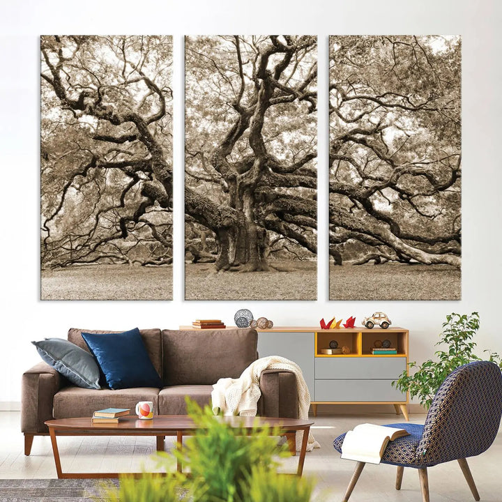 The Sepia Framed Angel Oak Tree Wall Art, a set of three-panel canvas prints, beautifully adorns the dark wall, enhancing the space with natural decor and charm.