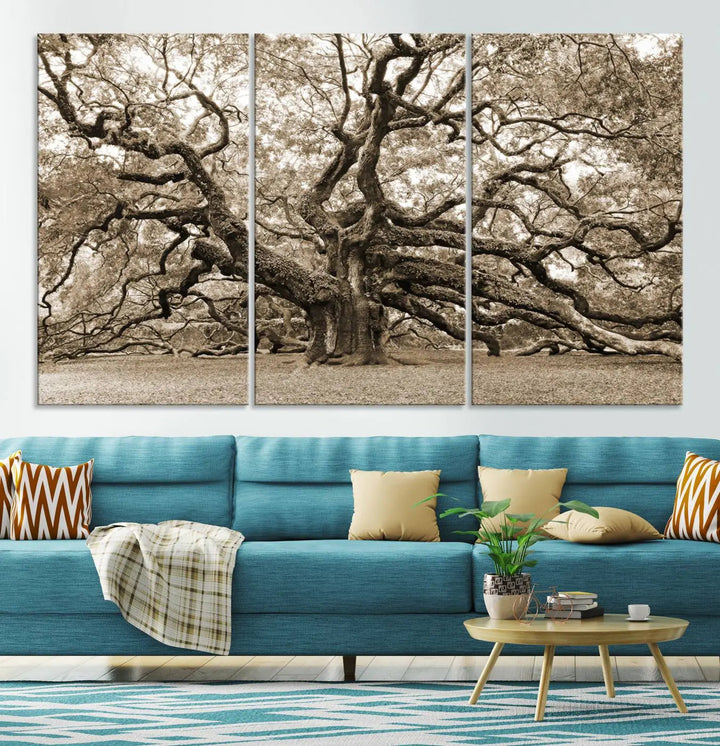 The Sepia Framed Angel Oak Tree Wall Art, a set of three-panel canvas prints, beautifully adorns the dark wall, enhancing the space with natural decor and charm.