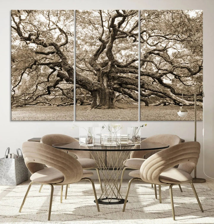 The Sepia Framed Angel Oak Tree Wall Art, a set of three-panel canvas prints, beautifully adorns the dark wall, enhancing the space with natural decor and charm.