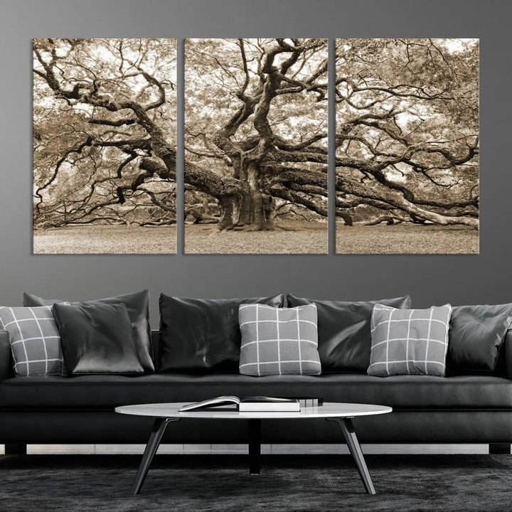 The Sepia Framed Angel Oak Tree Wall Art, a set of three-panel canvas prints, beautifully adorns the dark wall, enhancing the space with natural decor and charm.