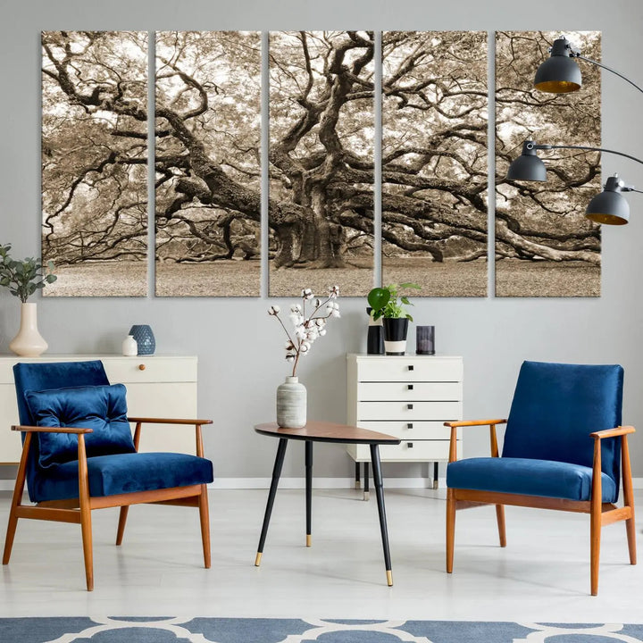 The Sepia Framed Angel Oak Tree Wall Art, a set of three-panel canvas prints, beautifully adorns the dark wall, enhancing the space with natural decor and charm.