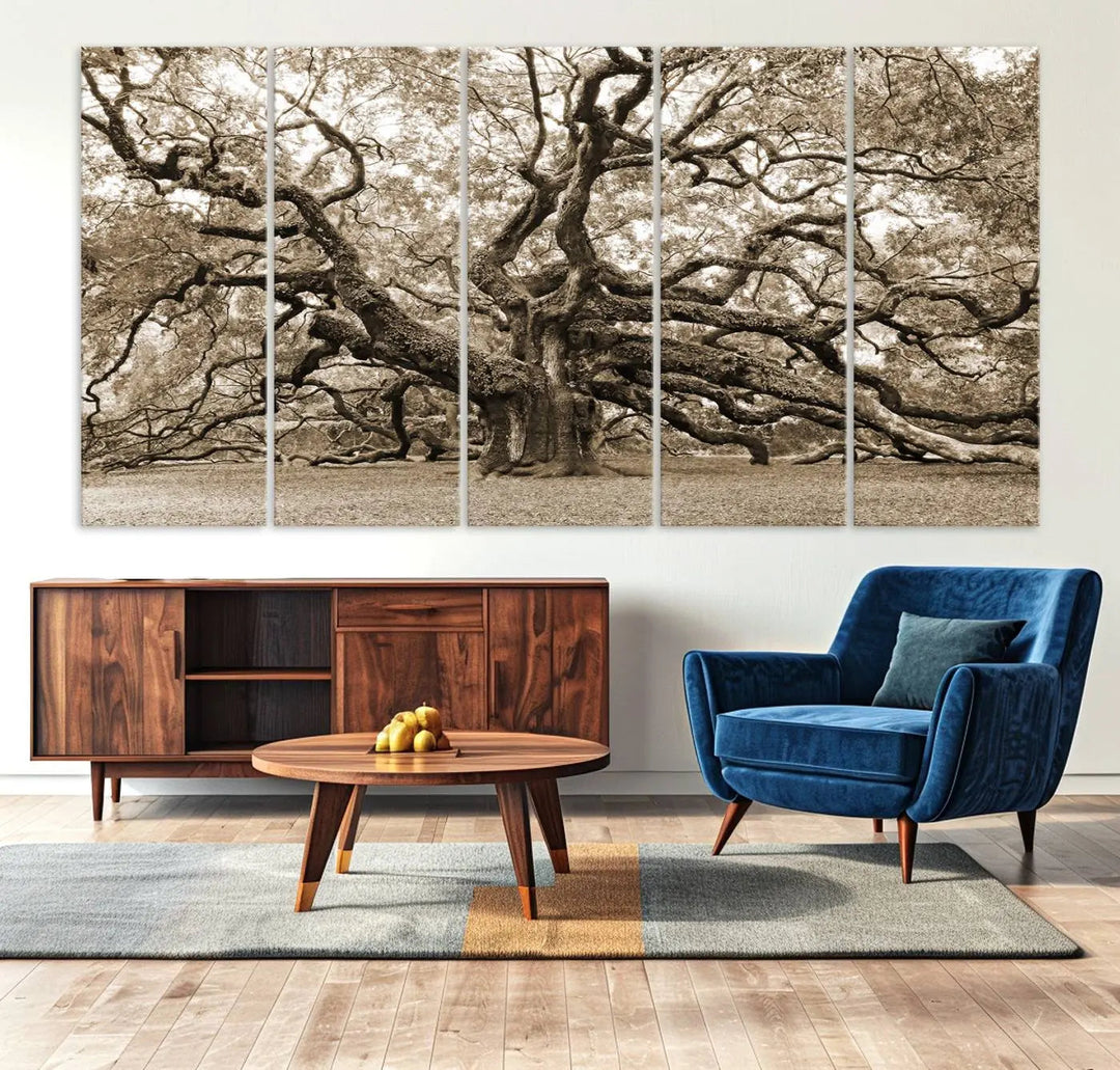 The Sepia Framed Angel Oak Tree Wall Art, a set of three-panel canvas prints, beautifully adorns the dark wall, enhancing the space with natural decor and charm.