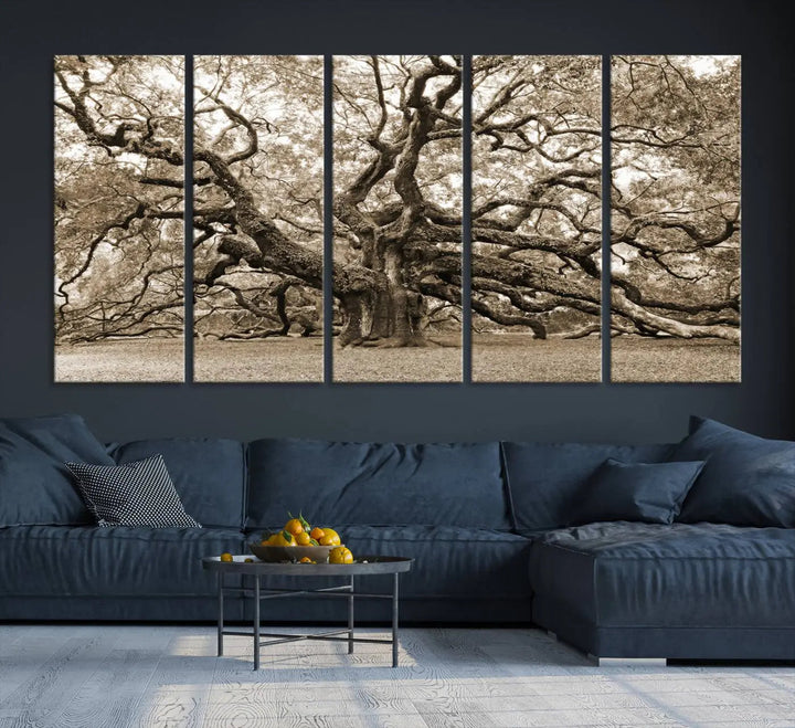 The Sepia Framed Angel Oak Tree Wall Art, a set of three-panel canvas prints, beautifully adorns the dark wall, enhancing the space with natural decor and charm.