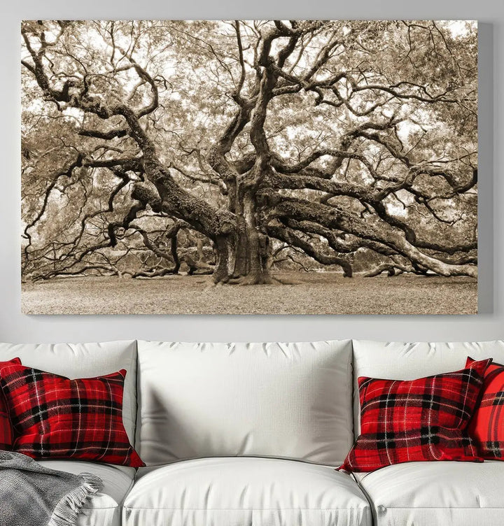 The Sepia Framed Angel Oak Tree Wall Art, a set of three-panel canvas prints, beautifully adorns the dark wall, enhancing the space with natural decor and charm.