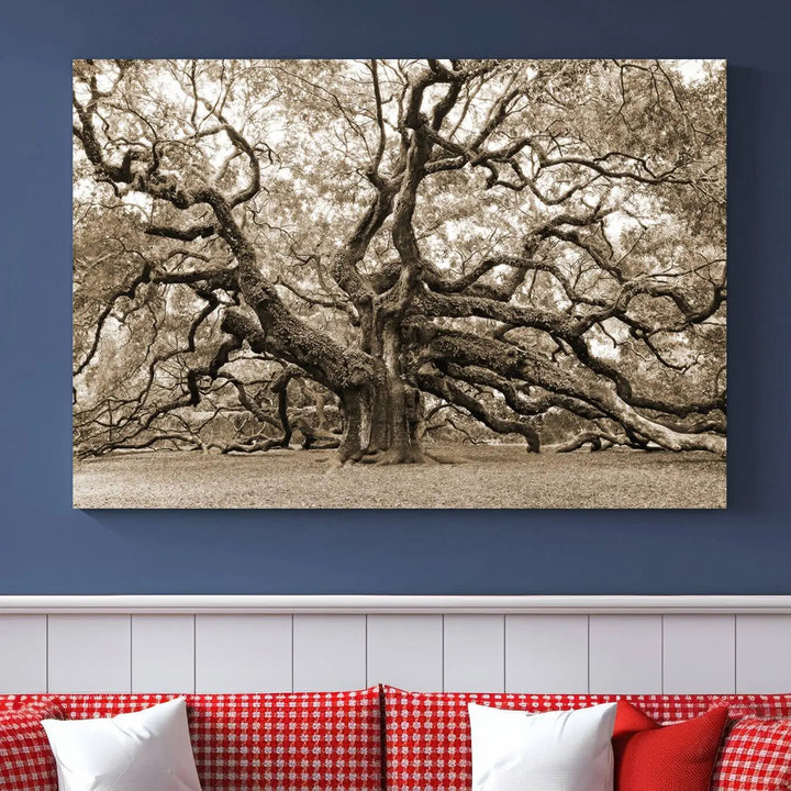 The Sepia Framed Angel Oak Tree Wall Art, a set of three-panel canvas prints, beautifully adorns the dark wall, enhancing the space with natural decor and charm.