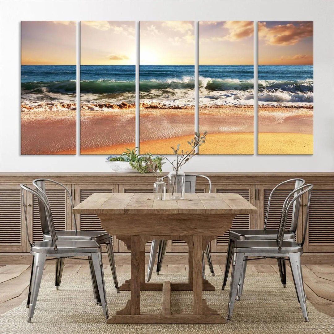 A serene beach path canvas print, created with giclee technology and gallery wrapped to showcase Canon print quality, captures the tranquil beauty of a sunset over the ocean with its depiction of coastal sand dunes.