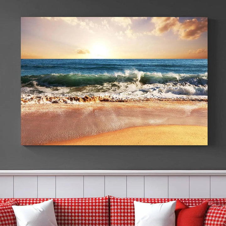 A serene beach path canvas print, created with giclee technology and gallery wrapped to showcase Canon print quality, captures the tranquil beauty of a sunset over the ocean with its depiction of coastal sand dunes.