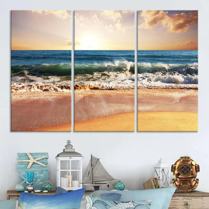 A serene beach path canvas print, created with giclee technology and gallery wrapped to showcase Canon print quality, captures the tranquil beauty of a sunset over the ocean with its depiction of coastal sand dunes.