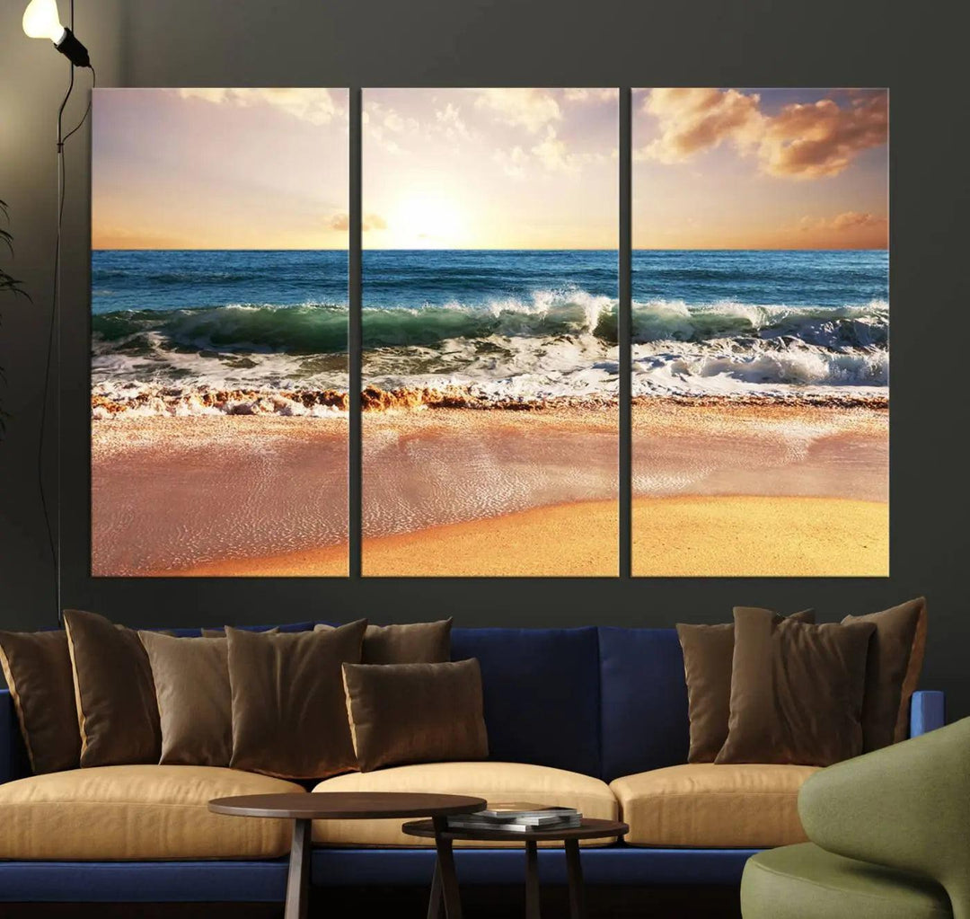 A serene beach path canvas print, created with giclee technology and gallery wrapped to showcase Canon print quality, captures the tranquil beauty of a sunset over the ocean with its depiction of coastal sand dunes.