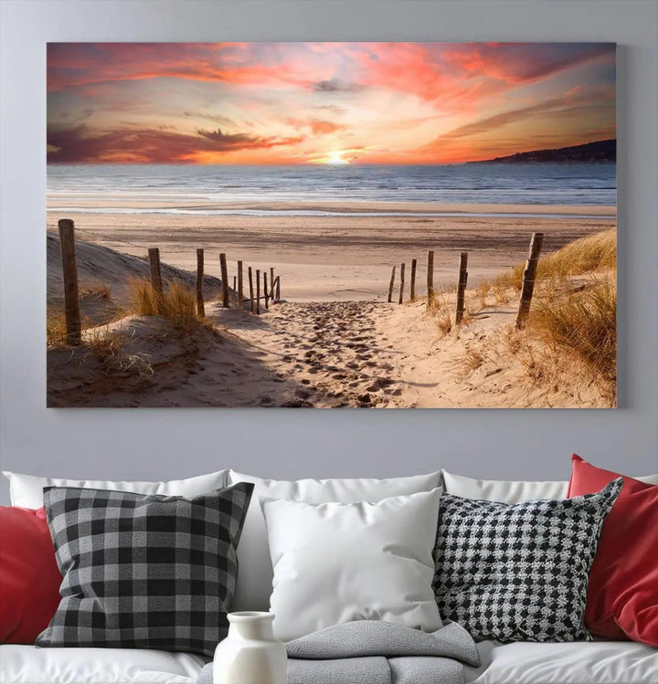 Serene Beach Path Sunset Canvas, Coastal Sand Dunes Wall Art, Vibrant Sunset, Ocean Seascape Triptych, Giclee Print on Canvas, Gallery Wrap Decor