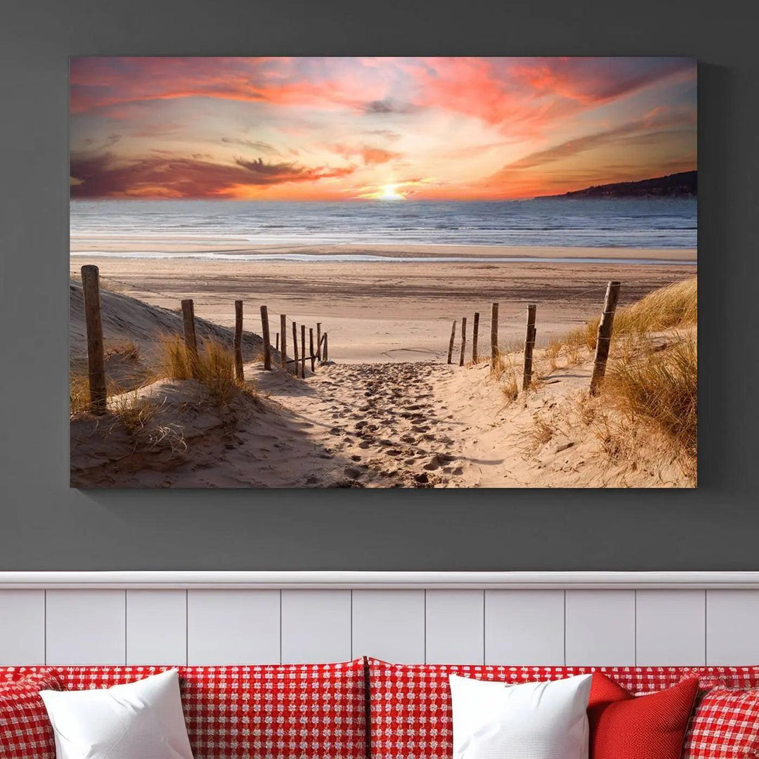 Serene Beach Path Sunset Canvas, Coastal Sand Dunes Wall Art, Vibrant Sunset, Ocean Seascape Triptych, Giclee Print on Canvas, Gallery Wrap Decor