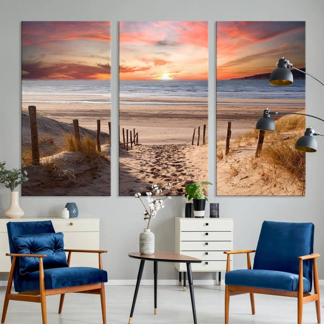 Serene Beach Path Sunset Canvas, Coastal Sand Dunes Wall Art, Vibrant Sunset, Ocean Seascape Triptych, Giclee Print on Canvas, Gallery Wrap Decor