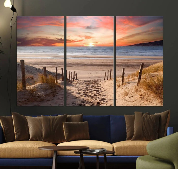 Serene Beach Path Sunset Canvas, Coastal Sand Dunes Wall Art, Vibrant Sunset, Ocean Seascape Triptych, Giclee Print on Canvas, Gallery Wrap Decor