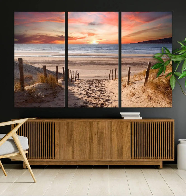 Serene Beach Path Sunset Canvas, Coastal Sand Dunes Wall Art, Vibrant Sunset, Ocean Seascape Triptych, Giclee Print on Canvas, Gallery Wrap Decor