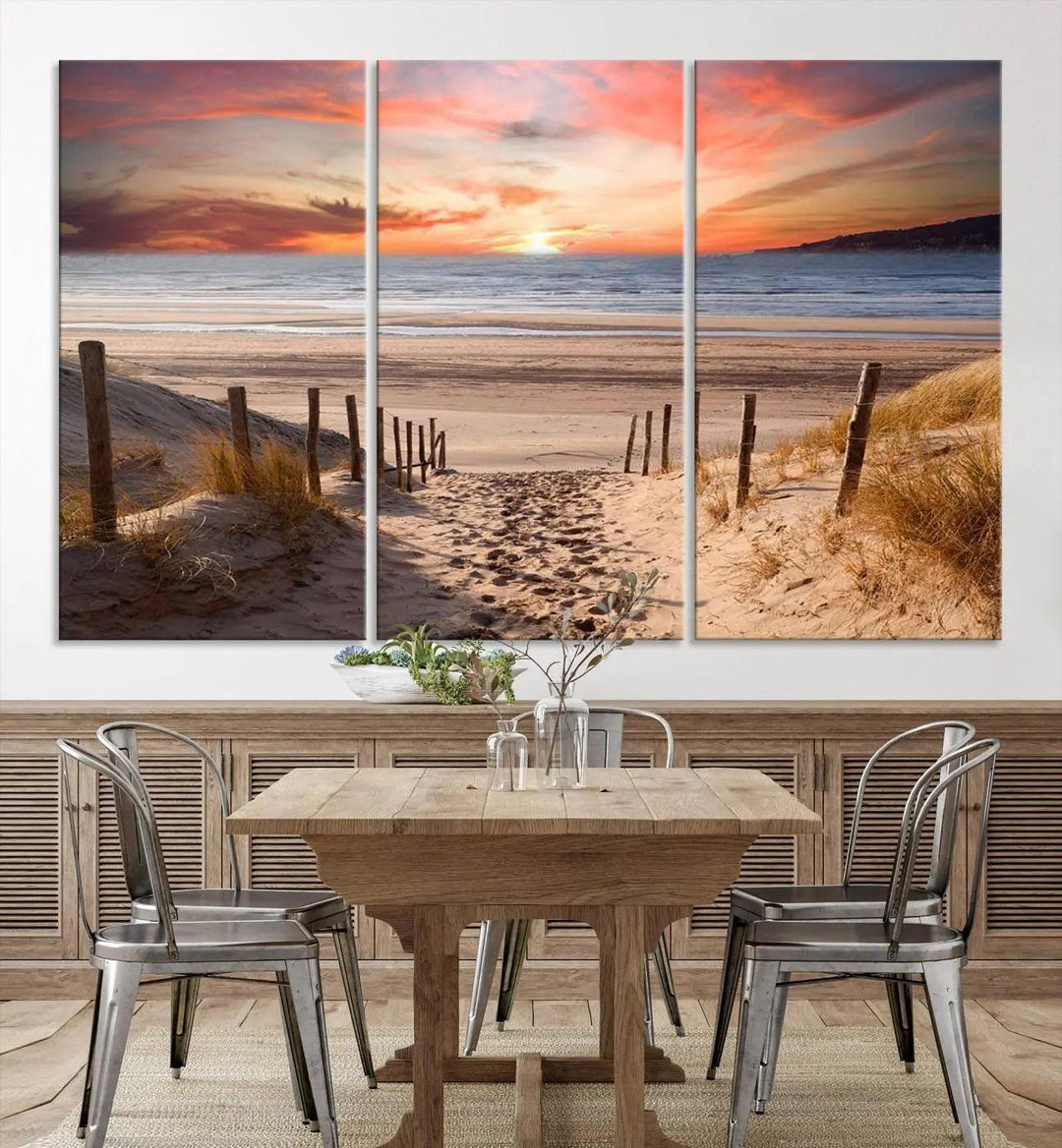 Serene Beach Path Sunset Canvas, Coastal Sand Dunes Wall Art, Vibrant Sunset, Ocean Seascape Triptych, Giclee Print on Canvas, Gallery Wrap Decor