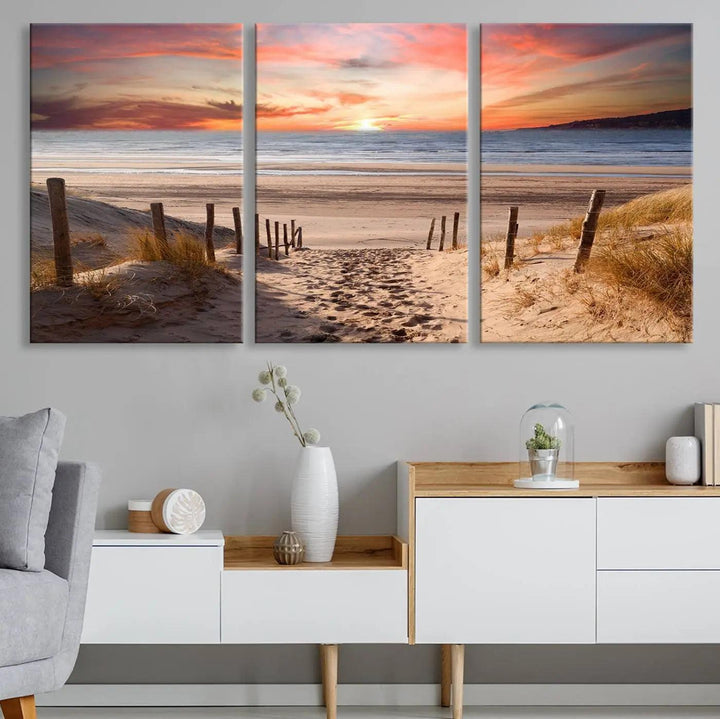 Serene Beach Path Sunset Canvas, Coastal Sand Dunes Wall Art, Vibrant Sunset, Ocean Seascape Triptych, Giclee Print on Canvas, Gallery Wrap Decor