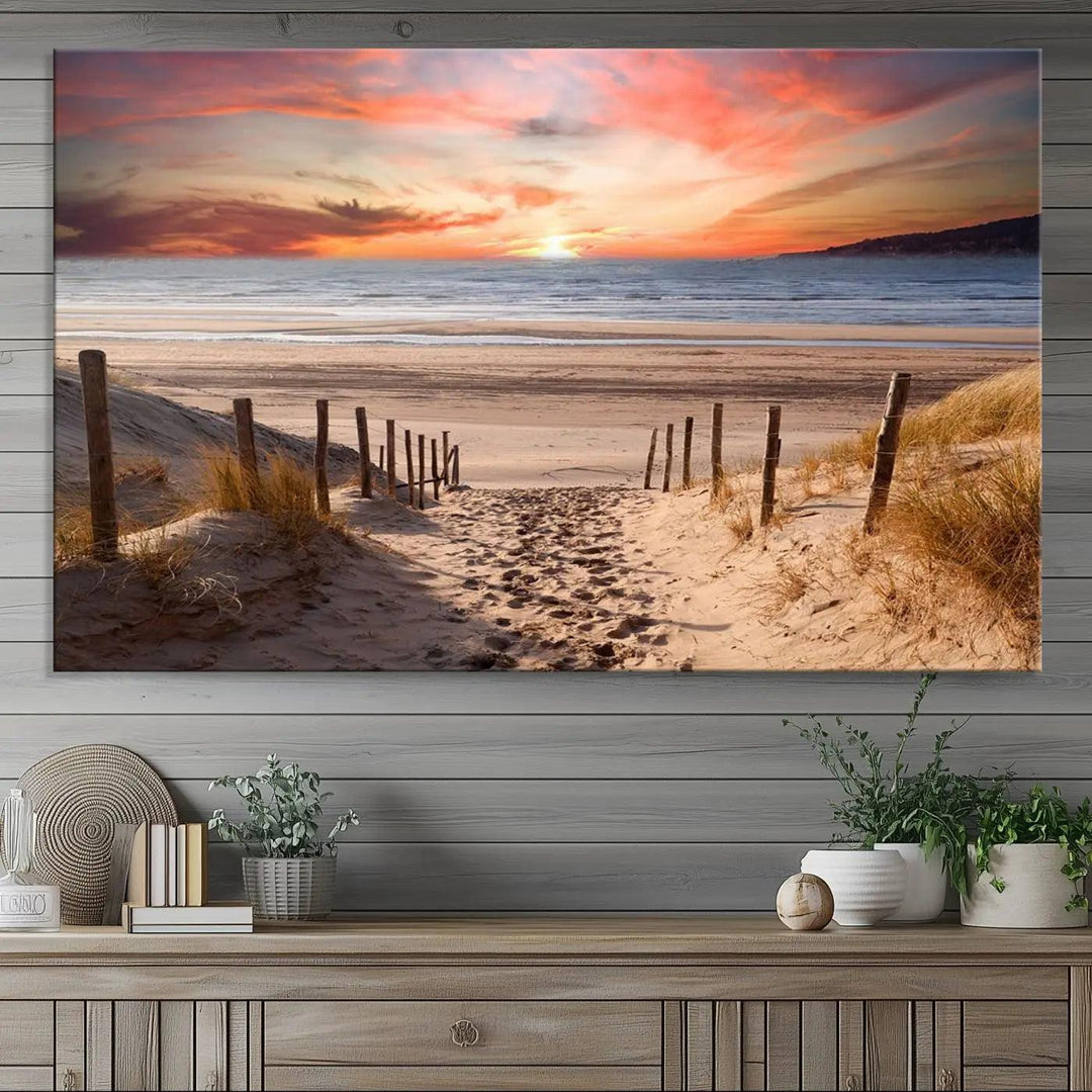 Serene Beach Path Sunset Canvas, Coastal Sand Dunes Wall Art, Vibrant Sunset, Ocean Seascape Triptych, Giclee Print on Canvas, Gallery Wrap Decor