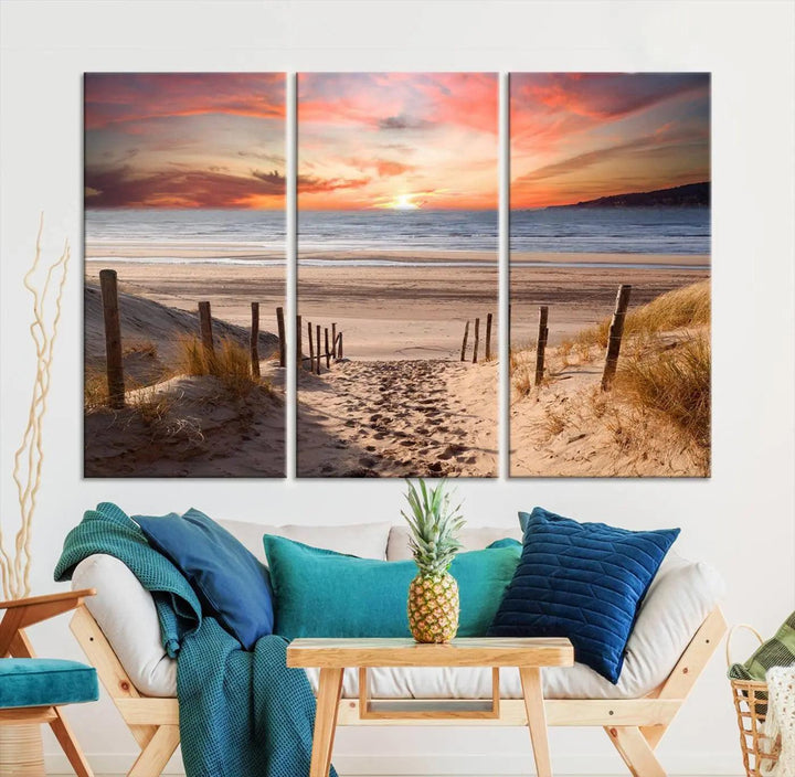 Serene Beach Path Sunset Canvas, Coastal Sand Dunes Wall Art, Vibrant Sunset, Ocean Seascape Triptych, Giclee Print on Canvas, Gallery Wrap Decor