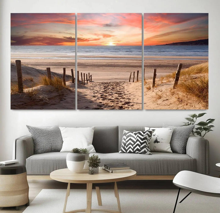 Serene Beach Path Sunset Canvas, Coastal Sand Dunes Wall Art, Vibrant Sunset, Ocean Seascape Triptych, Giclee Print on Canvas, Gallery Wrap Decor