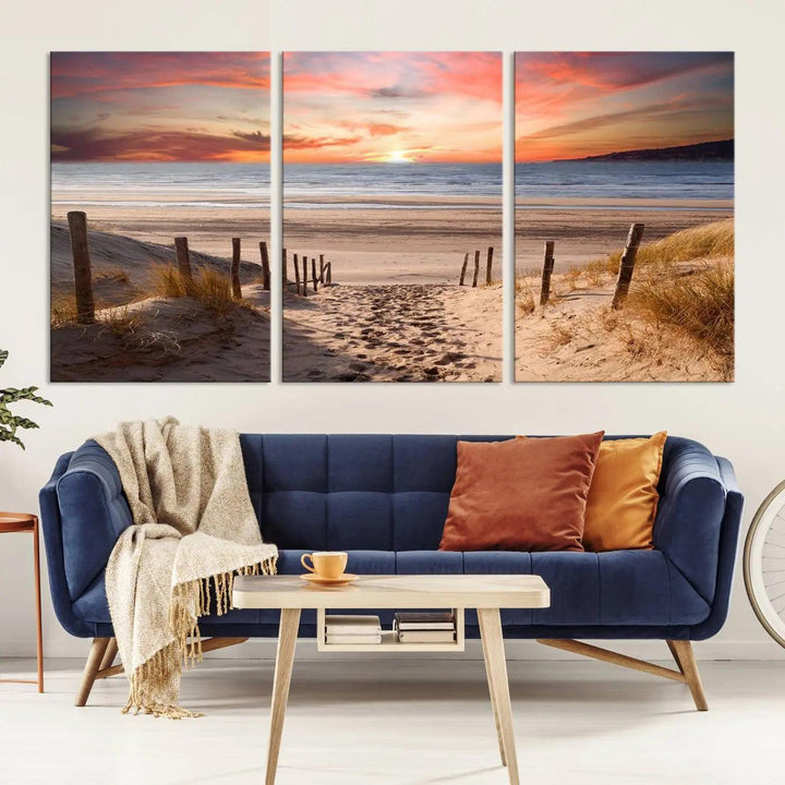 Serene Beach Path Sunset Canvas, Coastal Sand Dunes Wall Art, Vibrant Sunset, Ocean Seascape Triptych, Giclee Print on Canvas, Gallery Wrap Decor