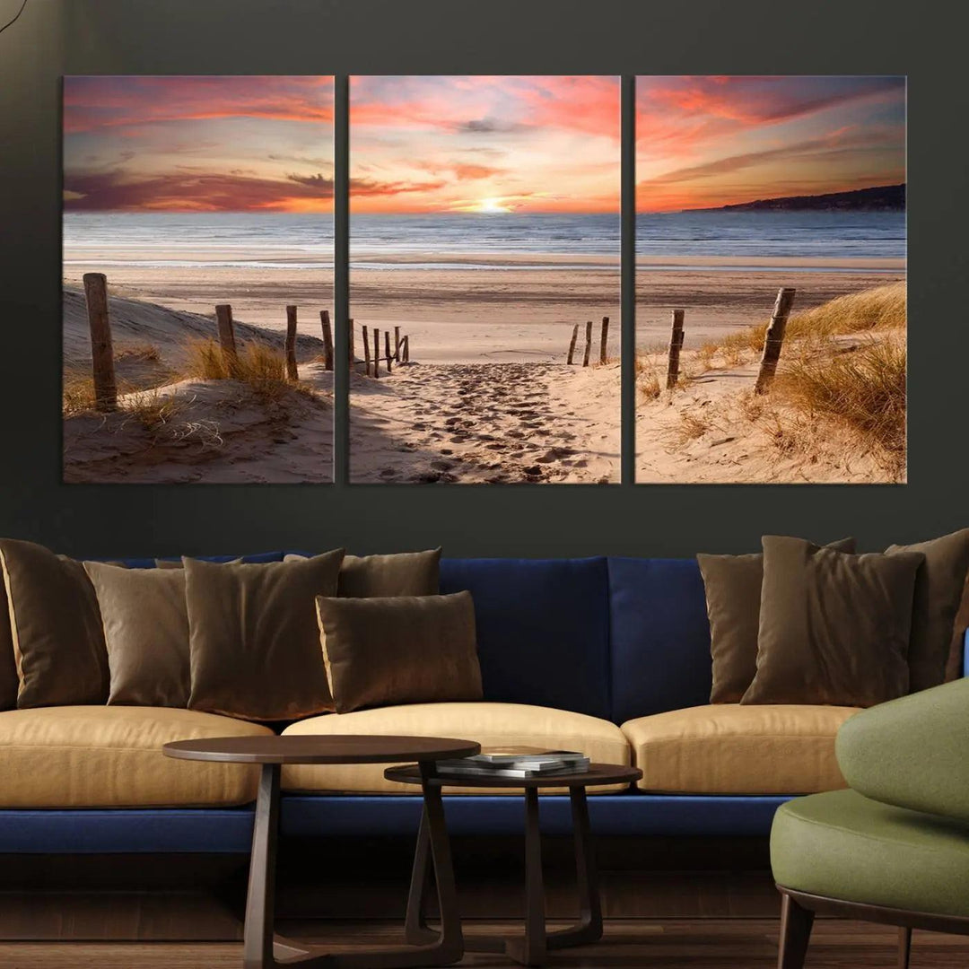 Serene Beach Path Sunset Canvas, Coastal Sand Dunes Wall Art, Vibrant Sunset, Ocean Seascape Triptych, Giclee Print on Canvas, Gallery Wrap Decor