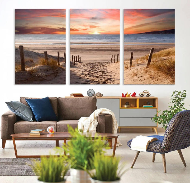 Serene Beach Path Sunset Canvas, Coastal Sand Dunes Wall Art, Vibrant Sunset, Ocean Seascape Triptych, Giclee Print on Canvas, Gallery Wrap Decor