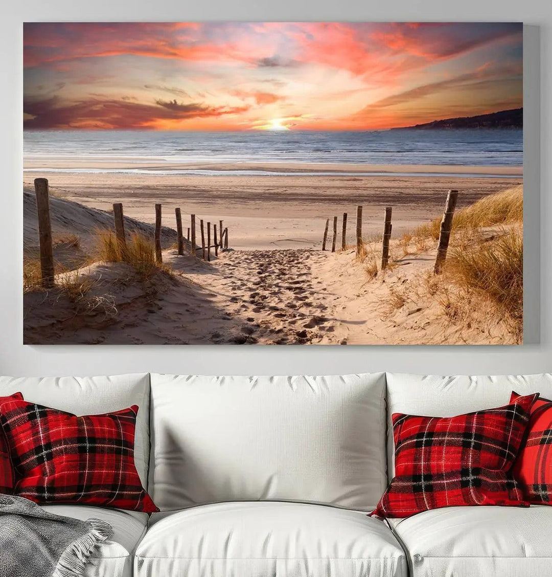 Serene Beach Path Sunset Canvas, Coastal Sand Dunes Wall Art, Vibrant Sunset, Ocean Seascape Triptych, Giclee Print on Canvas, Gallery Wrap Decor