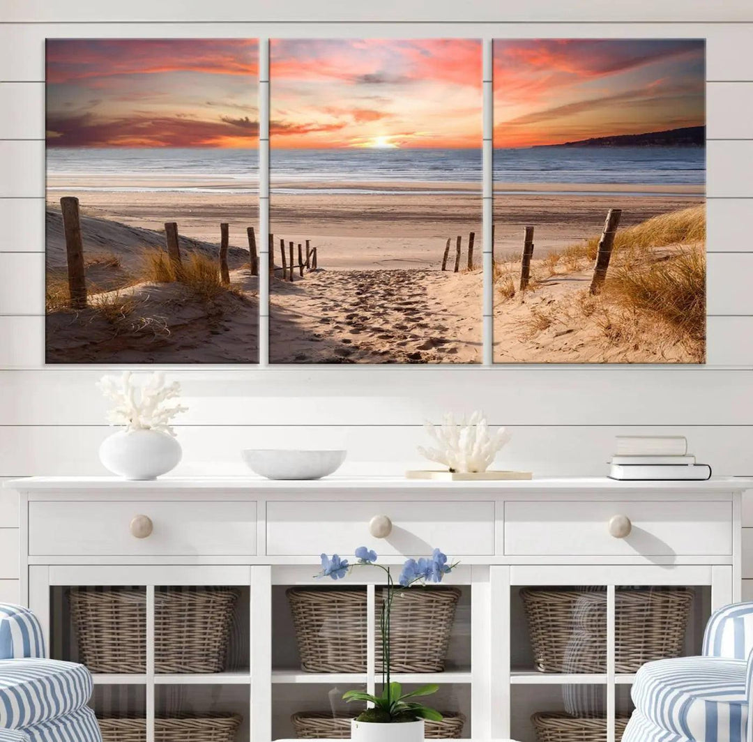 Serene Beach Path Sunset Canvas, Coastal Sand Dunes Wall Art, Vibrant Sunset, Ocean Seascape Triptych, Giclee Print on Canvas, Gallery Wrap Decor