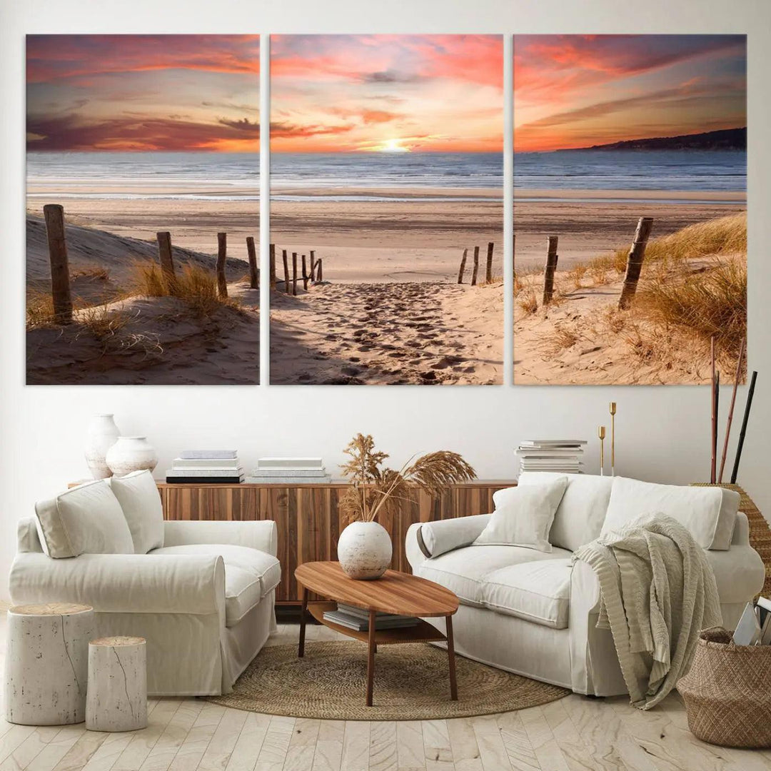 Serene Beach Path Sunset Canvas, Coastal Sand Dunes Wall Art, Vibrant Sunset, Ocean Seascape Triptych, Giclee Print on Canvas, Gallery Wrap Decor