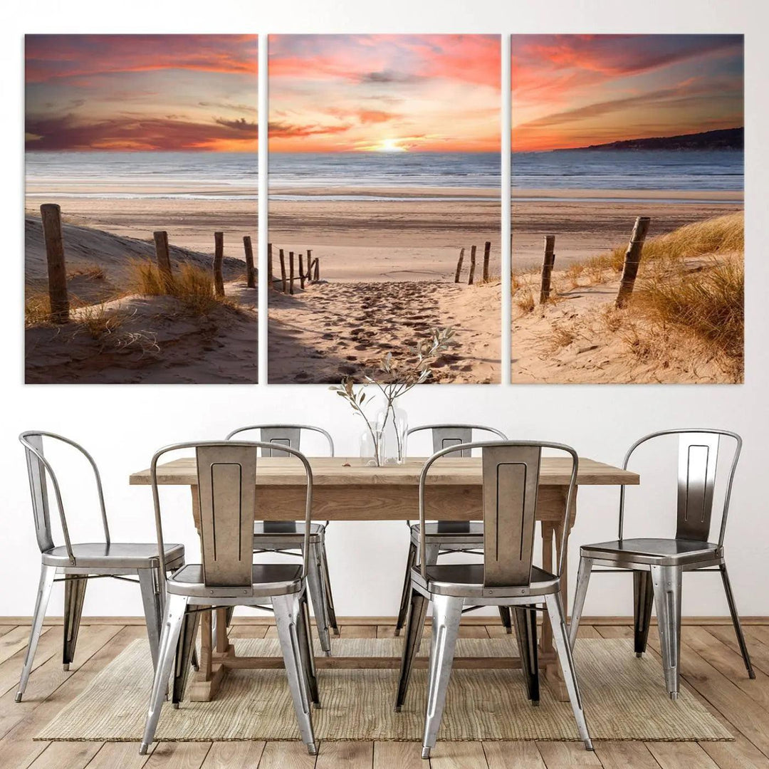 Serene Beach Path Sunset Canvas, Coastal Sand Dunes Wall Art, Vibrant Sunset, Ocean Seascape Triptych, Giclee Print on Canvas, Gallery Wrap Decor