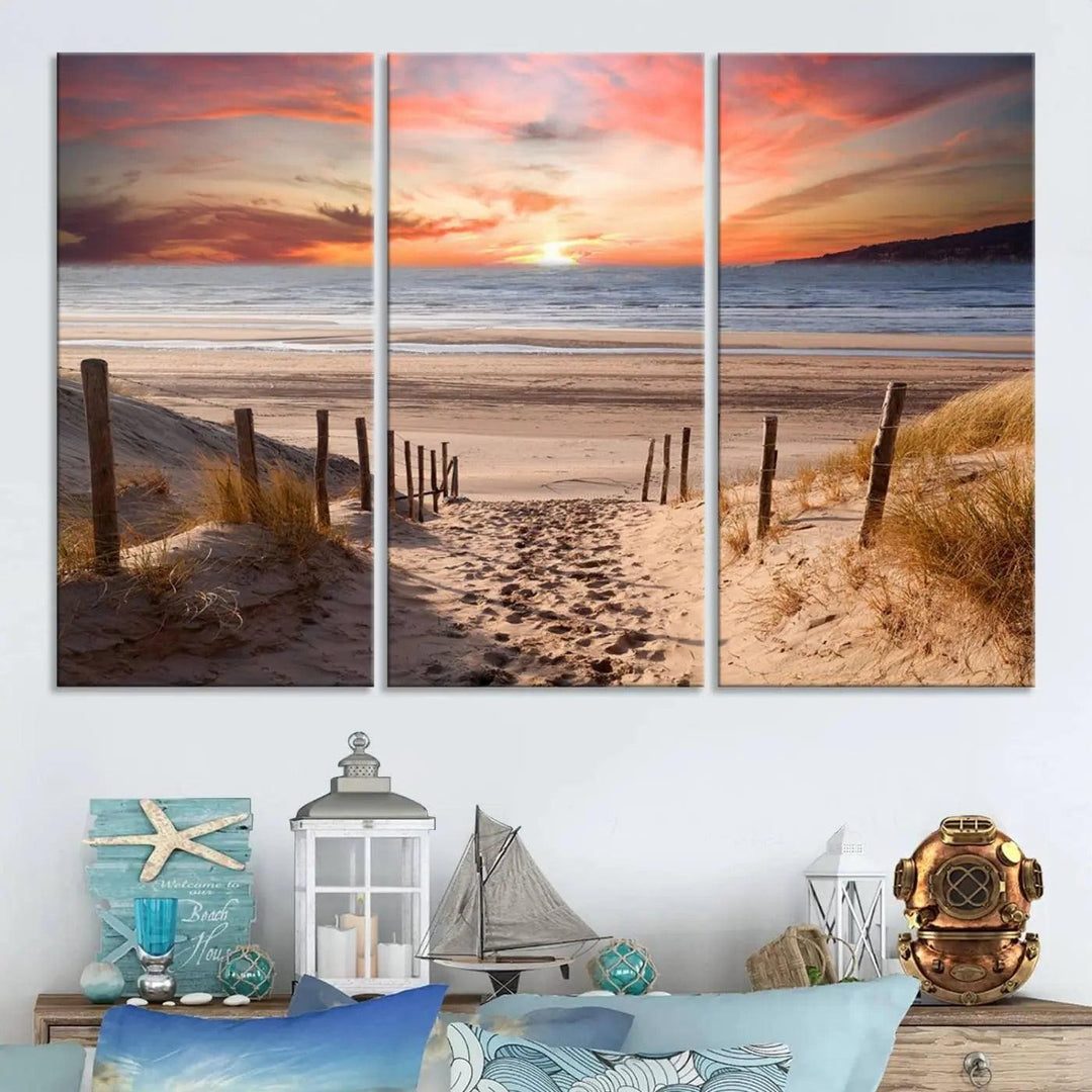 Serene Beach Path Sunset Canvas, Coastal Sand Dunes Wall Art, Vibrant Sunset, Ocean Seascape Triptych, Giclee Print on Canvas, Gallery Wrap Decor