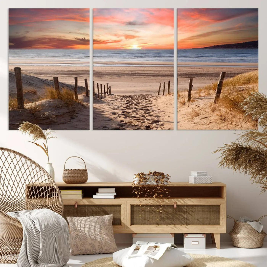 Serene Beach Path Sunset Canvas, Coastal Sand Dunes Wall Art, Vibrant Sunset, Ocean Seascape Triptych, Giclee Print on Canvas, Gallery Wrap Decor