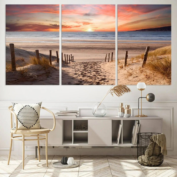 Serene Beach Path Sunset Canvas, Coastal Sand Dunes Wall Art, Vibrant Sunset, Ocean Seascape Triptych, Giclee Print on Canvas, Gallery Wrap Decor