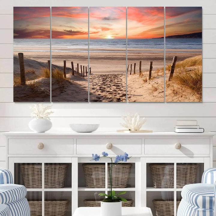 Serene Beach Path Sunset Canvas, Coastal Sand Dunes Wall Art, Vibrant Sunset, Ocean Seascape Triptych, Giclee Print on Canvas, Gallery Wrap Decor