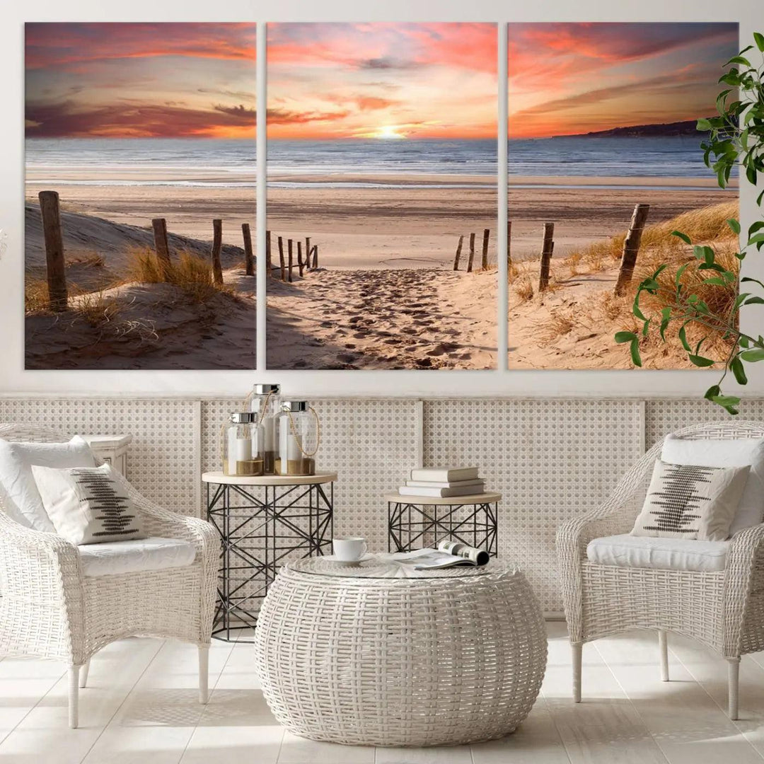 Serene Beach Path Sunset Canvas, Coastal Sand Dunes Wall Art, Vibrant Sunset, Ocean Seascape Triptych, Giclee Print on Canvas, Gallery Wrap Decor