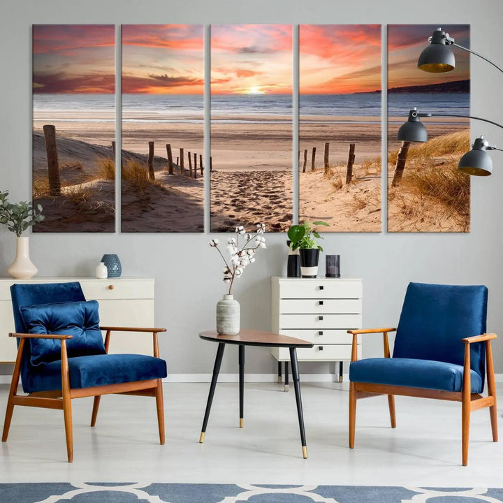 Serene Beach Path Sunset Canvas, Coastal Sand Dunes Wall Art, Vibrant Sunset, Ocean Seascape Triptych, Giclee Print on Canvas, Gallery Wrap Decor